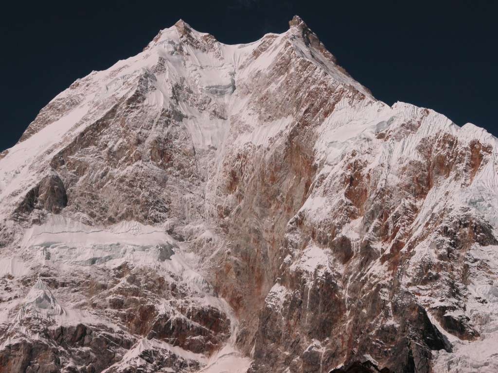 Manaslu 07 12 Manaslu From Pung-gyen Gompa From the Pung-gyen gompa (3870m), I had a perfect view of the main peak of Manaslu (8163m) and the East Pinnacle (7992m).